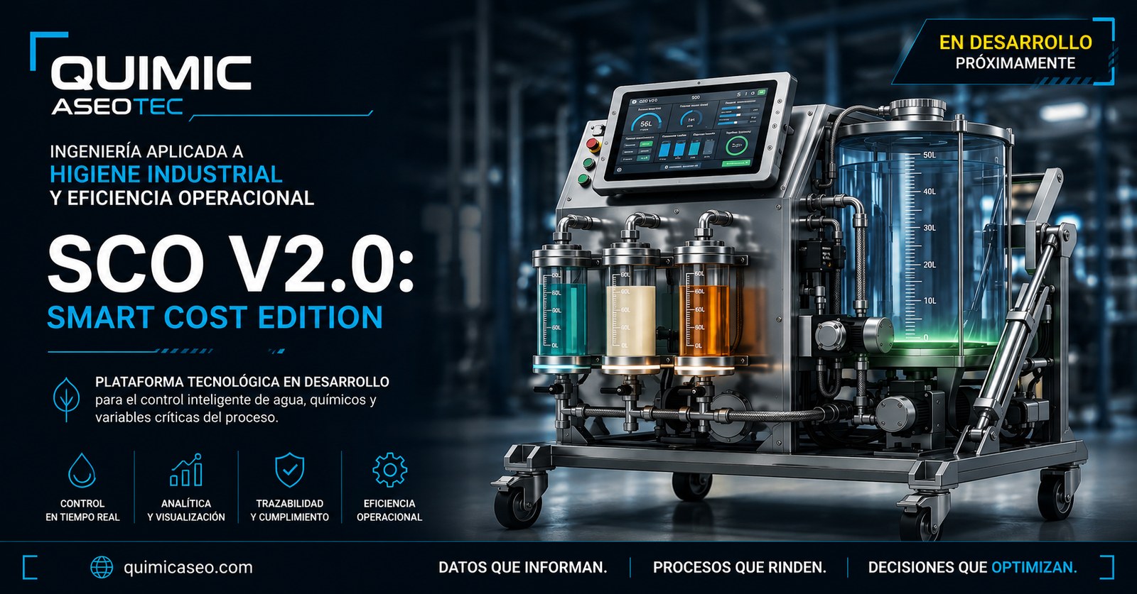 Visualización conceptual de SCO V2.0, plataforma tecnológica en desarrollo para control de agua, químicos y variables del proceso industrial.
